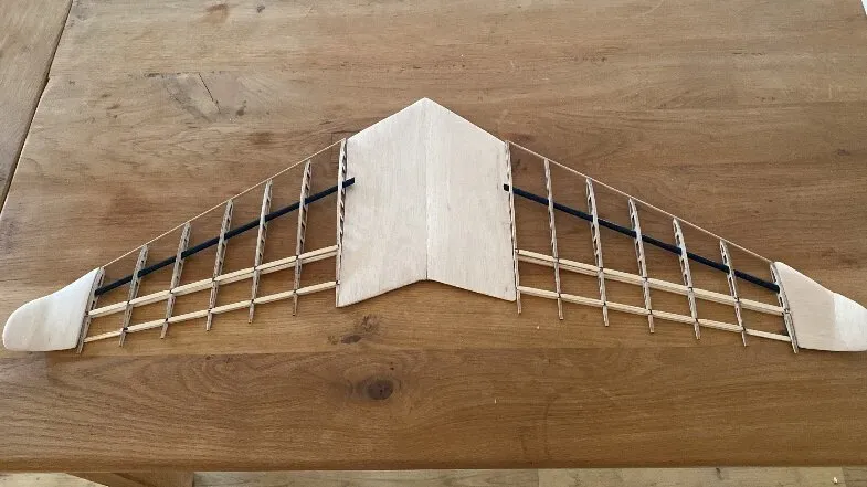 The bare balsa frame, both halves joined, seen from above.